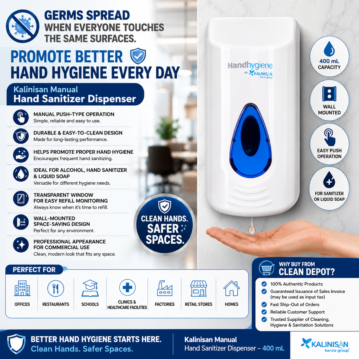 Kalinisan Manual Hand Sanitizer Dispenser 400mL & 1000mL | Wall Mounted Soap & Sanitizer Dispenser