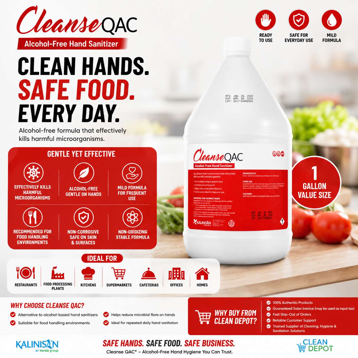 Cleanse QAC Alcohol-Free Hand Sanitizer 1 Gallon | Food Safe Hand Hygiene Solution