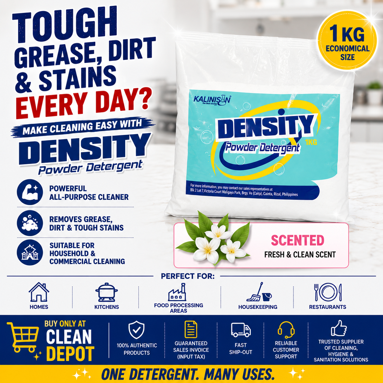 DENSITY Powder Detergent 1KG | Scented & Unscented | Removes Grease, Dirt & Stains