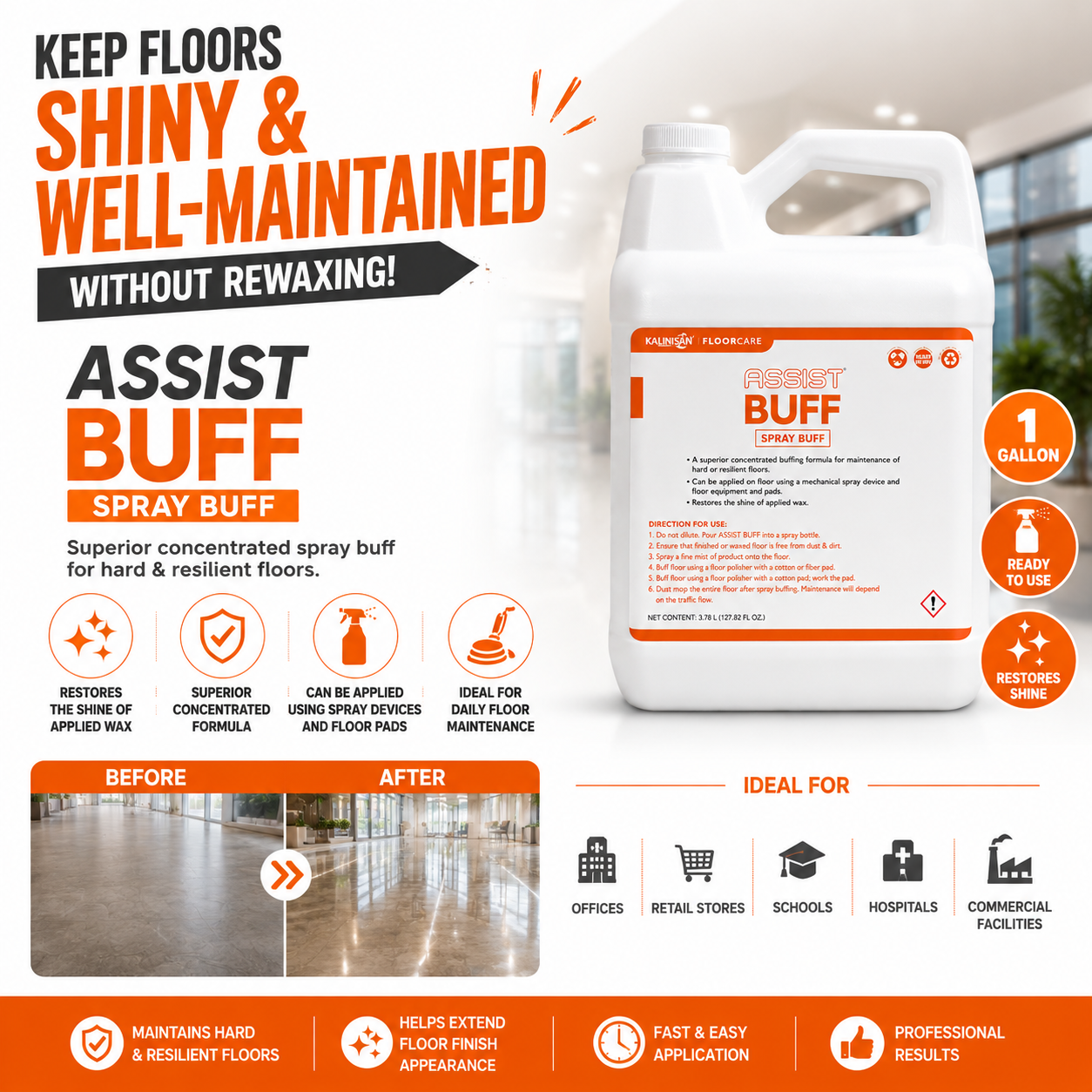 ASSIST BUFF Spray Buff Floor Maintainer 1 Gallon | Restores Floor Shine