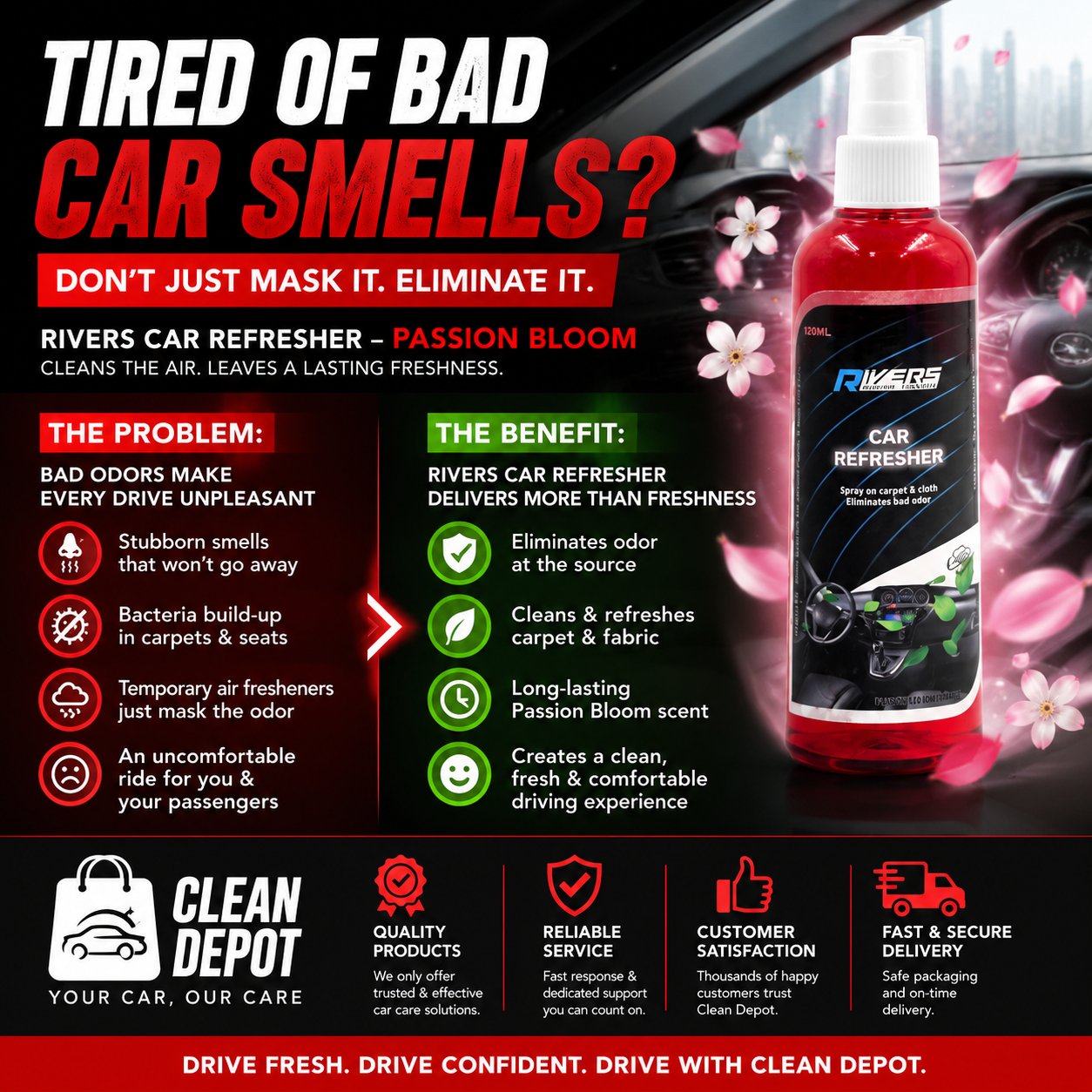 RIVERS Car Refresher Passion Bloom 200ml | Odor Eliminator & Fabric Freshener for Cars
