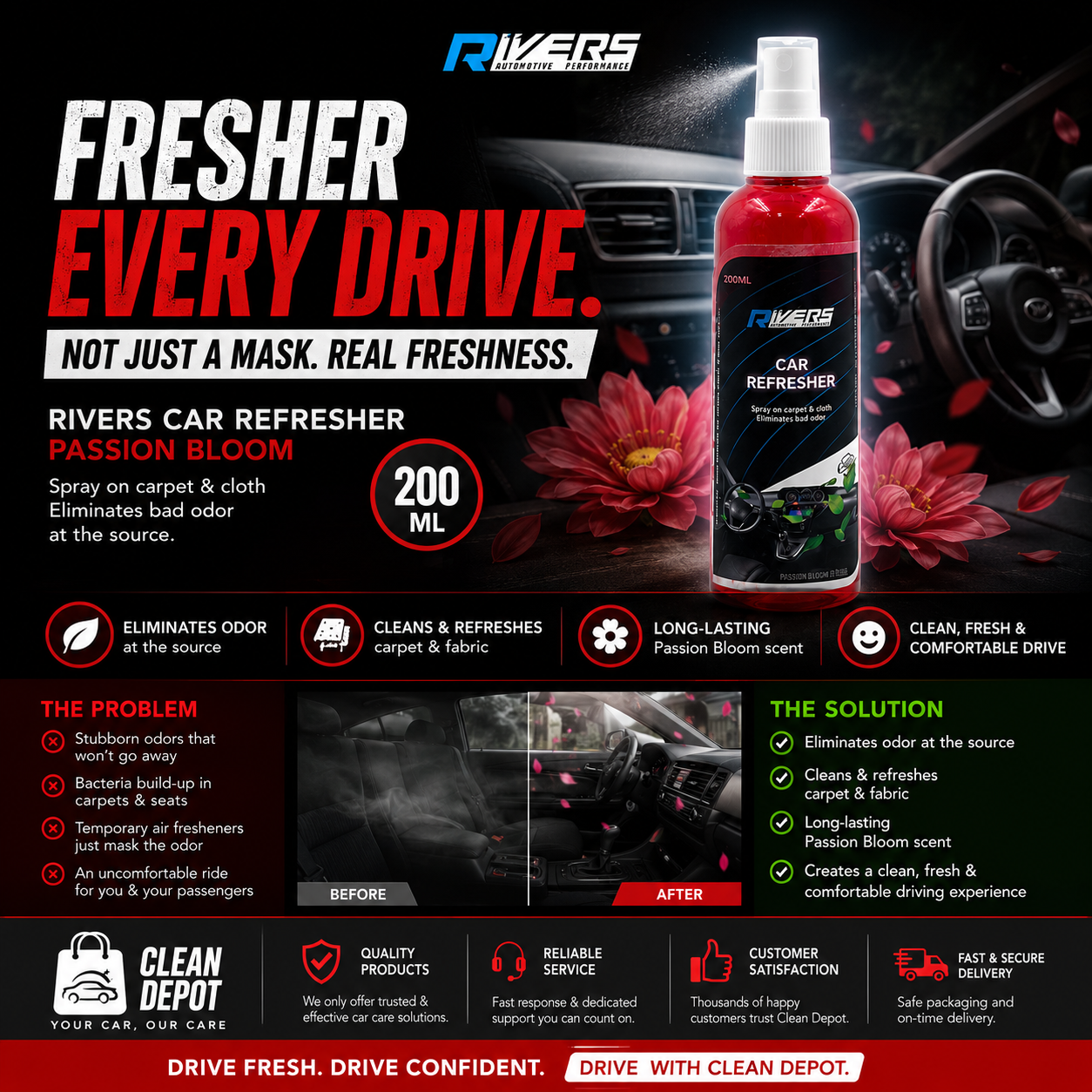 RIVERS Car Refresher Passion Bloom 200ml | Odor Eliminator & Fabric Freshener for Cars