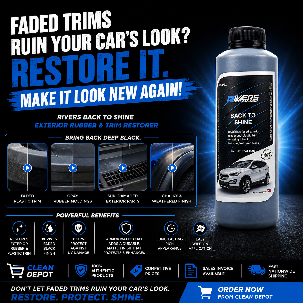 Rivers Back to Shine 250ml Exterior Trim & Rubber Restorer | Plastic Blackener & UV Protectant