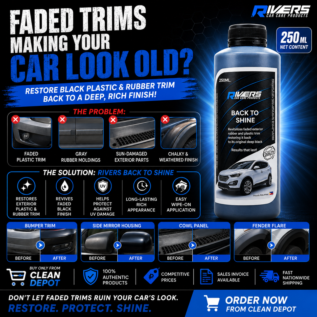 Rivers Back to Shine 250ml Exterior Trim & Rubber Restorer | Plastic Blackener & UV Protectant