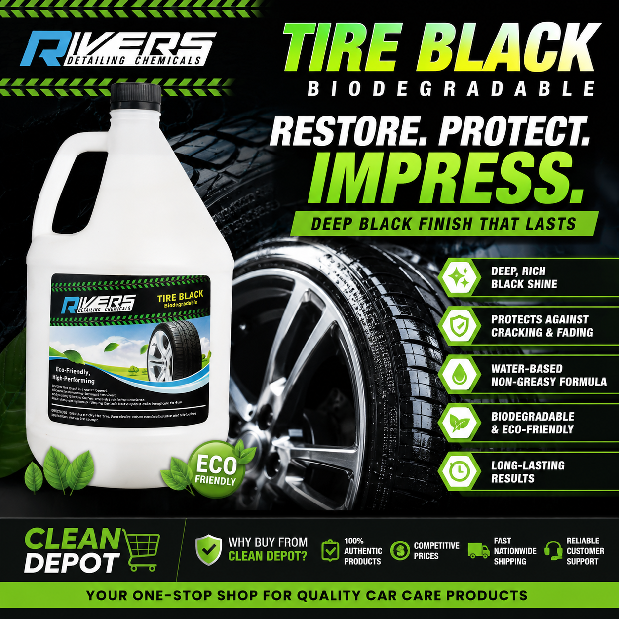 Rivers Tire Black 1 Gallon | Semi-Gloss & Biodegradable Tire Restorer Protectant