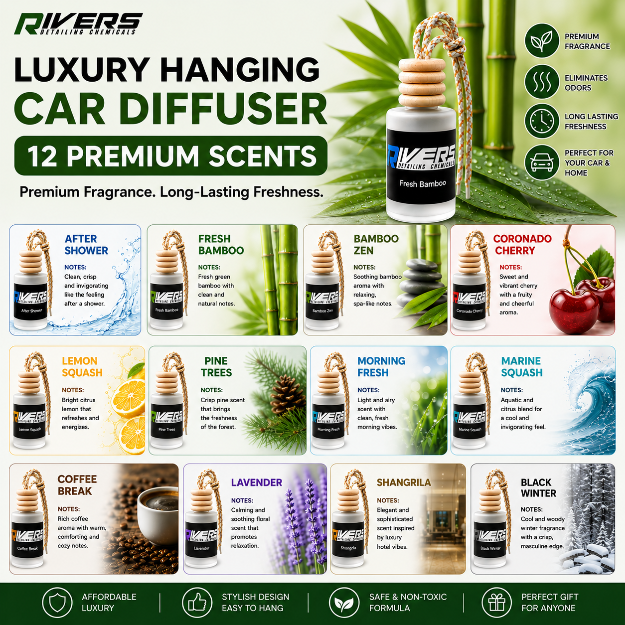 Rivers Luxury Hanging Car Diffuser 10ml | Premium Long-Lasting Car Air Freshener