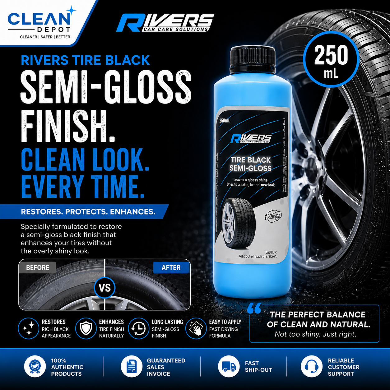 Rivers Tire Black Semi-Gloss 250mL | Tire Dressing, Brightener & Restorer