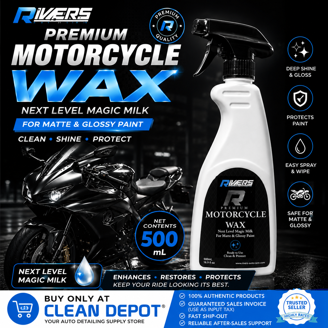 Rivers Premium Motorcycle Wax 500mL | Spray Wax for Matte & Glossy Paint Protection