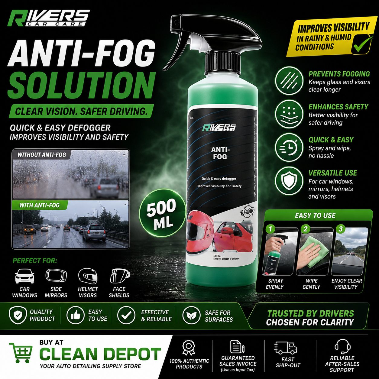 Rivers Anti-Fog Solution 500mL | Defogger for Glass, Visors & Windshields