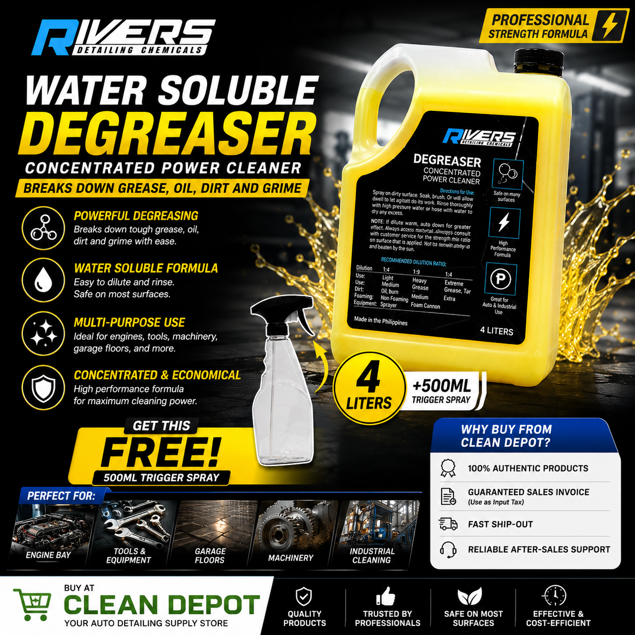 Rivers Water Soluble Degreaser 4 Liters + Free 500mL Trigger Spray