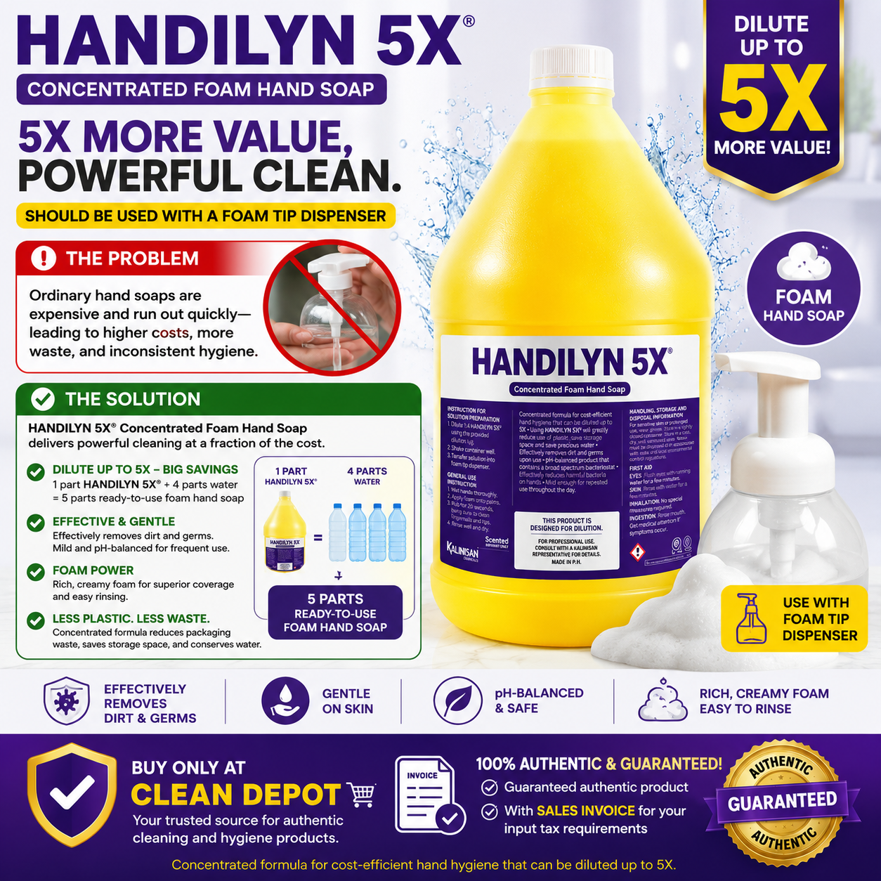 HANDILYN 5X Concentrated Foam Hand Soap 1 Gallon | Dilute Up to 5X | pH-Balanced