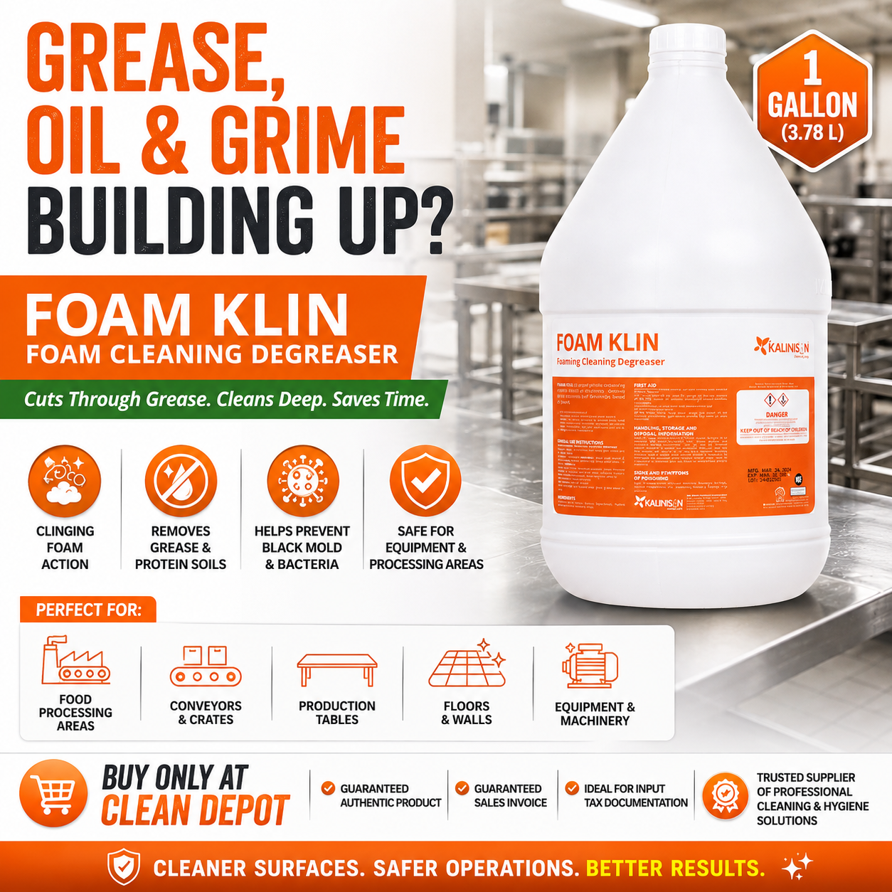 FOAM KLIN Foam Degreaser 1 Gallon | Cuts Through Grease, Oils & Protein Soils