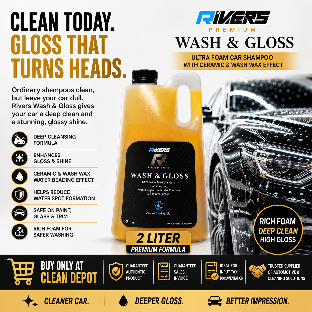 Rivers Premium Wash & Gloss Car Shampoo 2L | Ultra Foam Wash & Wax with Ceramic Gloss Effect