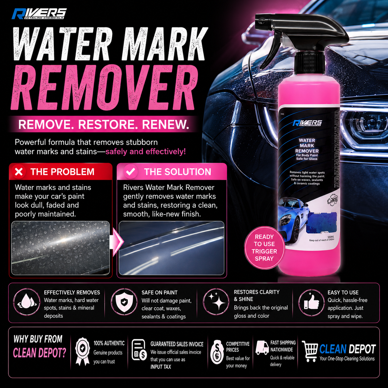 Rivers Water Mark Remover 500ml Trigger Spray | Water Spot Remover for Car Paint