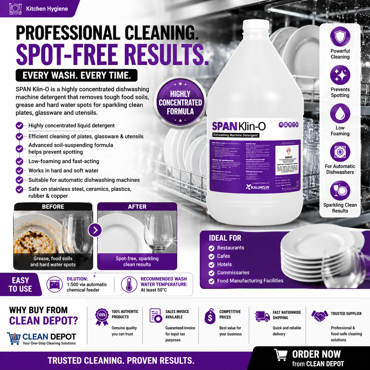 SPAN Klin-O Dishwashing Machine Detergent 1 Gallon | Commercial Dishwasher Cleaner & Spot Remover