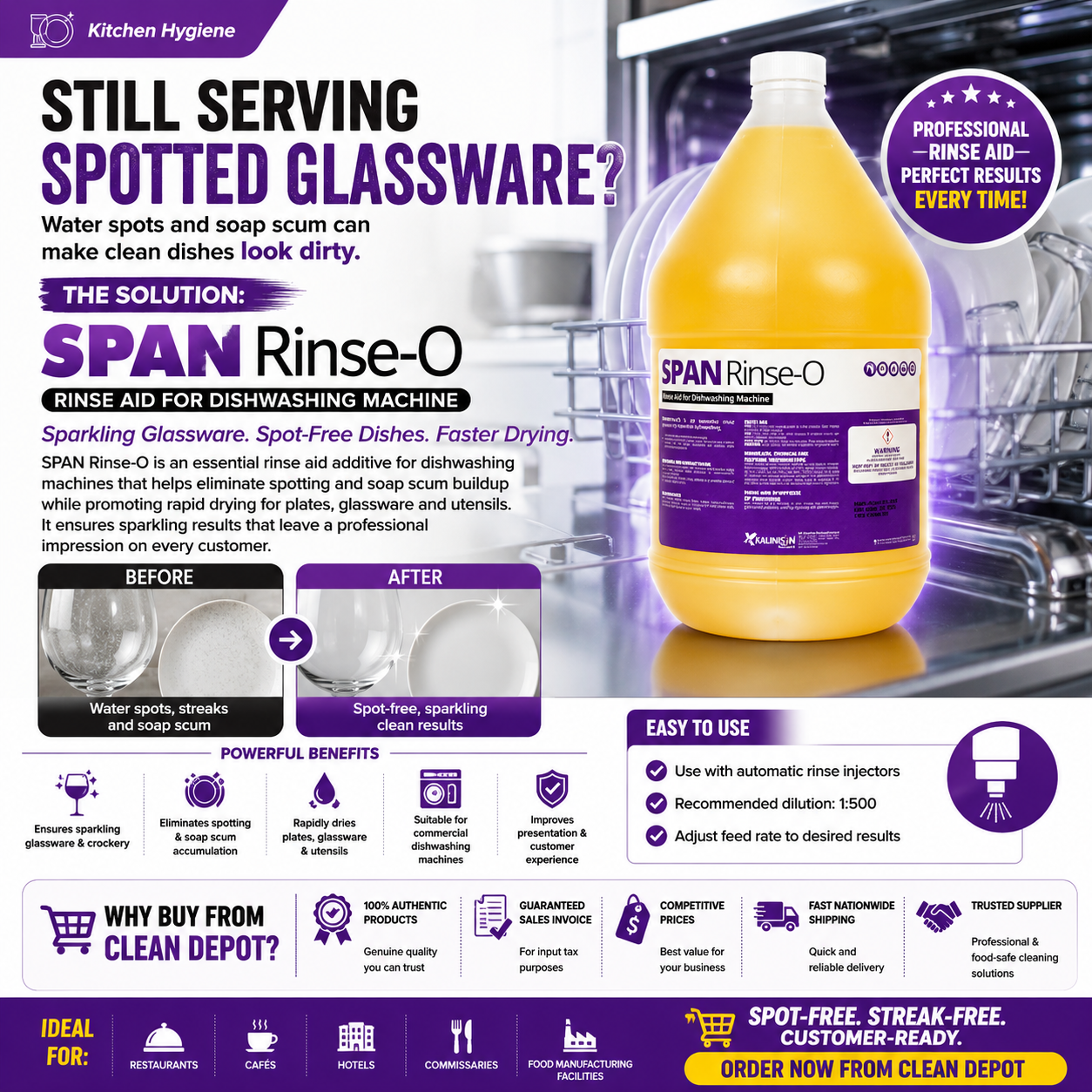 SPAN Rinse-O Rinse Aid 1 Gallon | Spot-Free Glassware & Faster Drying