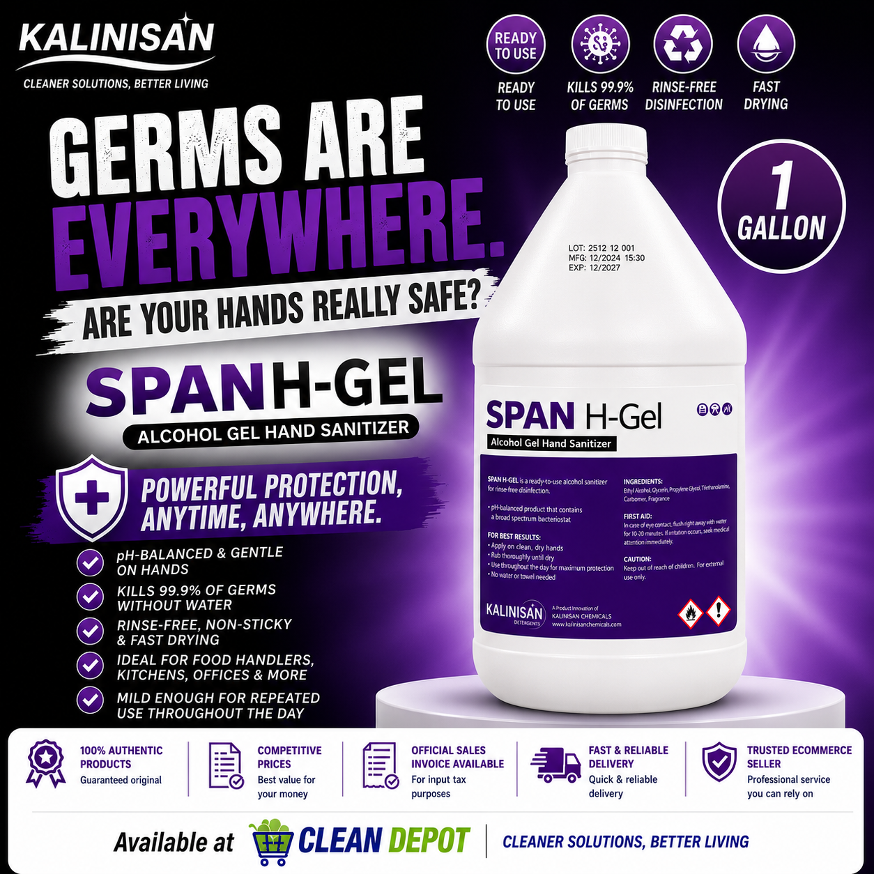SPAN H-Gel & H-Gel Duo Alcohol Gel Hand Sanitizer 1 Gallon | Kills 99.9% Germs | Fast Drying