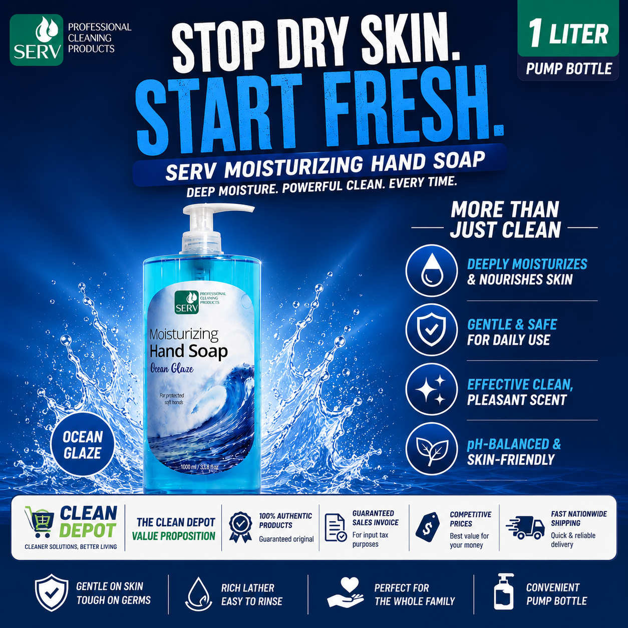 SERV Moisturizing Liquid Hand Soap 1L Pump | Ocean Glaze & Tropic Lush | pH-Balanced Clean