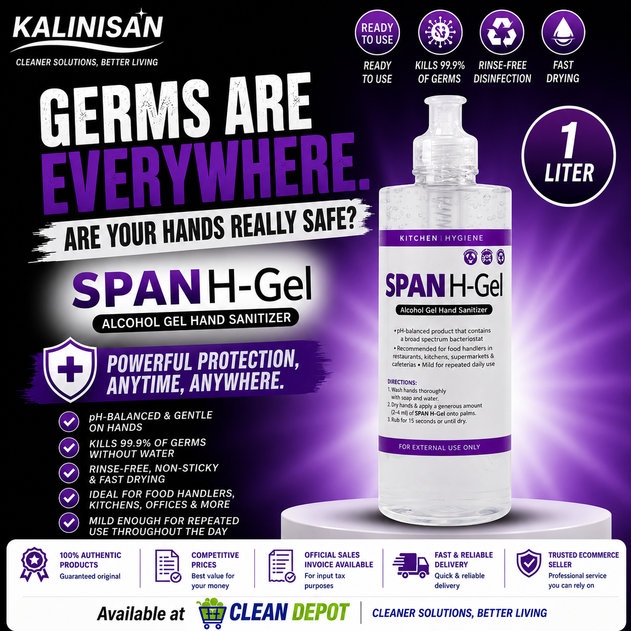 SPAN H-Gel Alcohol Gel Hand Sanitizer 1 Liter | Kills 99.9% Germs | Fast Drying