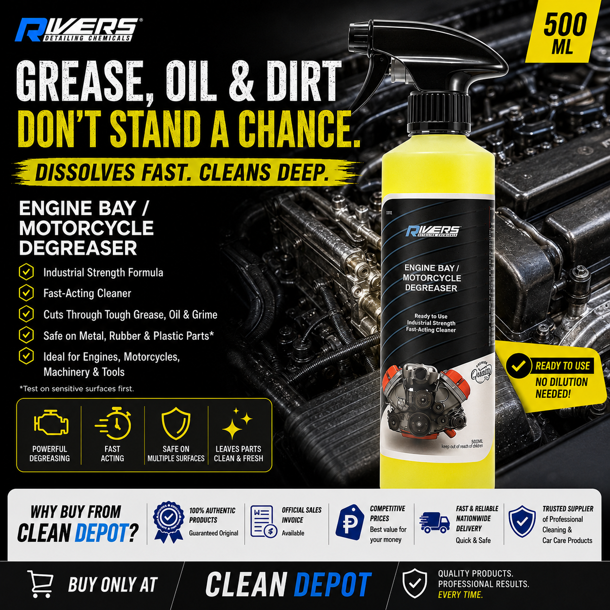 Rivers Engine Bay & Motorcycle Degreaser 500ml | Heavy-Duty Grease Remover