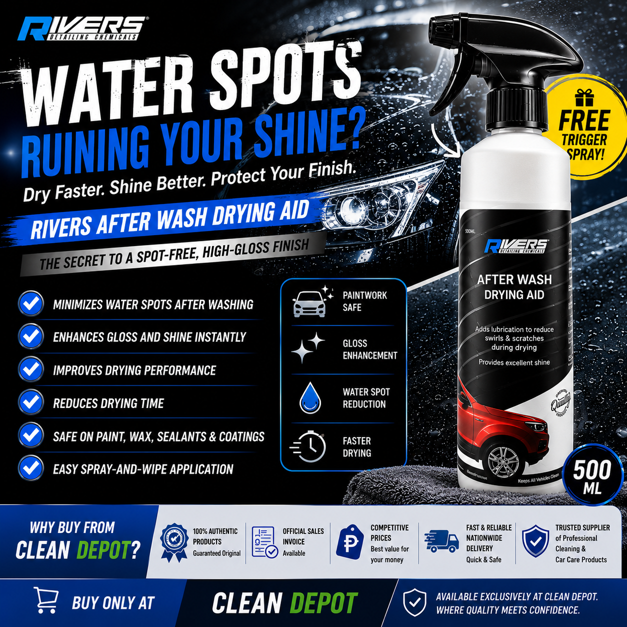 Rivers After Wash Drying Aid 500ML | No Water Spots | High Gloss Shine | Car Detailing Spray