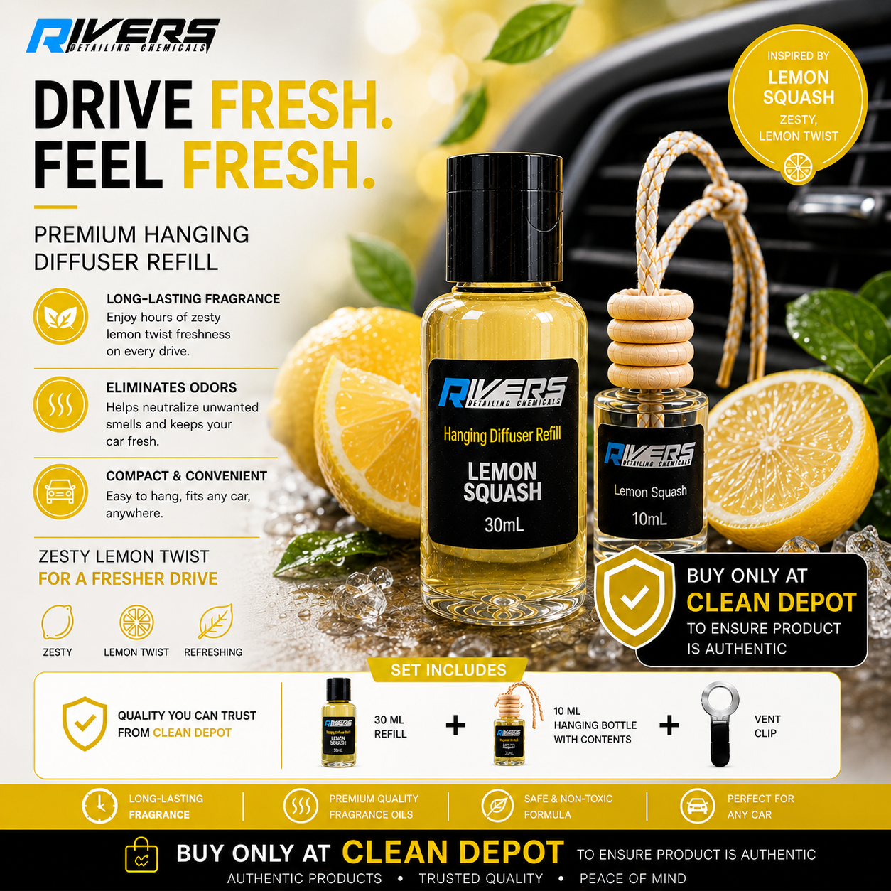 Rivers Car & Home Air Freshener 30ml + FREE 10ml Diffuser | 115ml Refill | Long-Lasting Luxury Scent