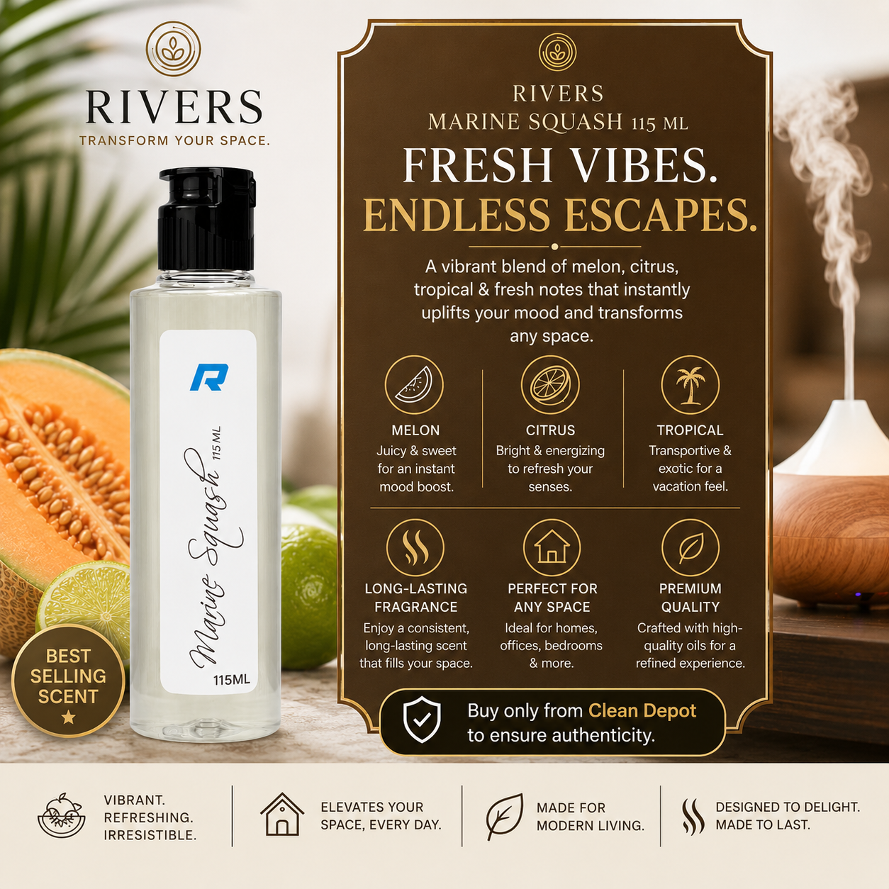 Rivers Car & Home Air Freshener 30ml + FREE 10ml Diffuser | 115ml Refill | Long-Lasting Luxury Scent