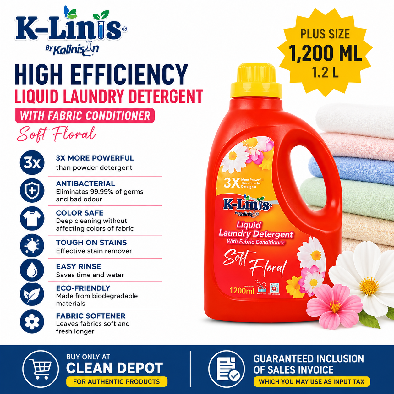 K-Linis Liquid Laundry Detergent 1.2L | Soft Floral with Fabric Conditioner Antibacterial