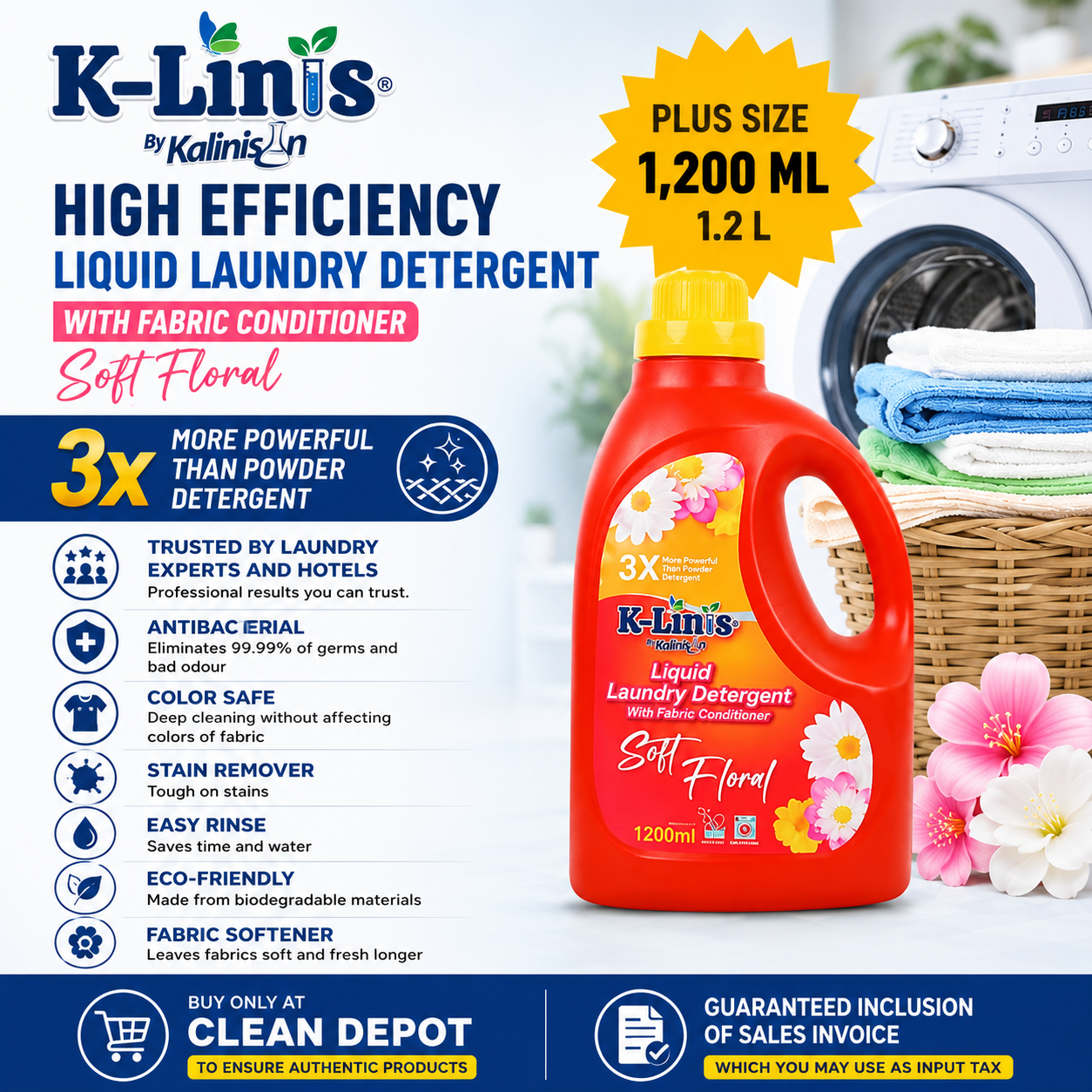 K-Linis Liquid Laundry Detergent 1.2L | Soft Floral with Fabric Conditioner Antibacterial