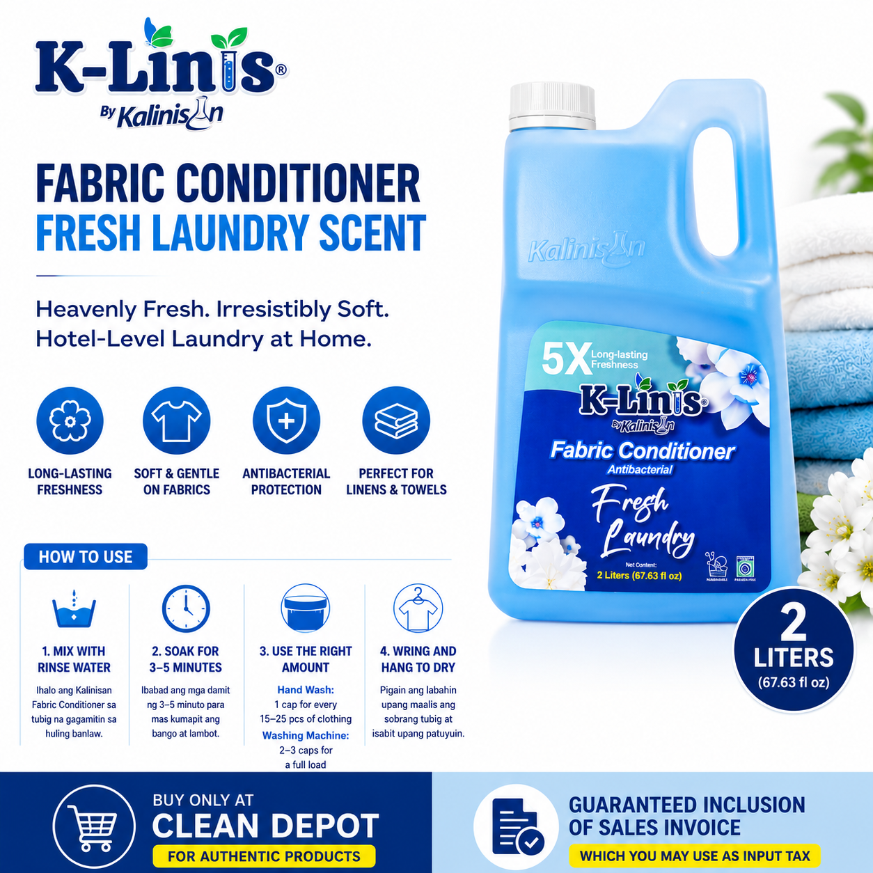 Kalinisan K-Linis Fabric Conditioner Fresh Laundry Scent 2 Liters | Long-Lasting Freshness