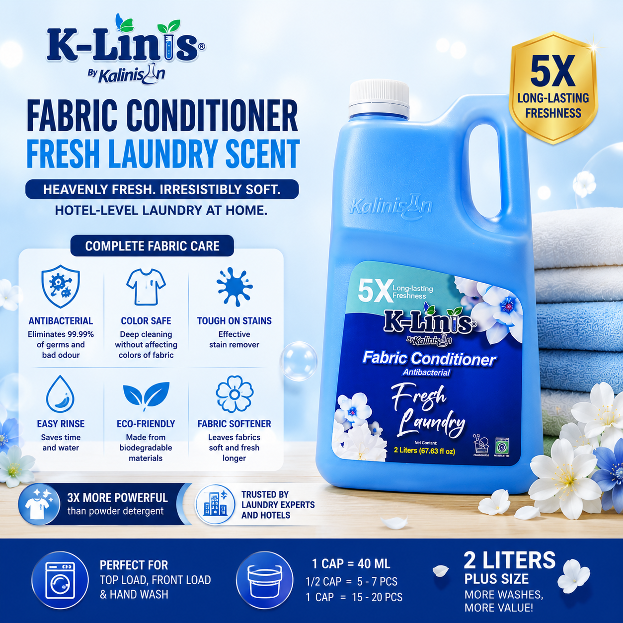 Kalinisan K-Linis Fabric Conditioner Fresh Laundry Scent 2 Liters | Long-Lasting Freshness
