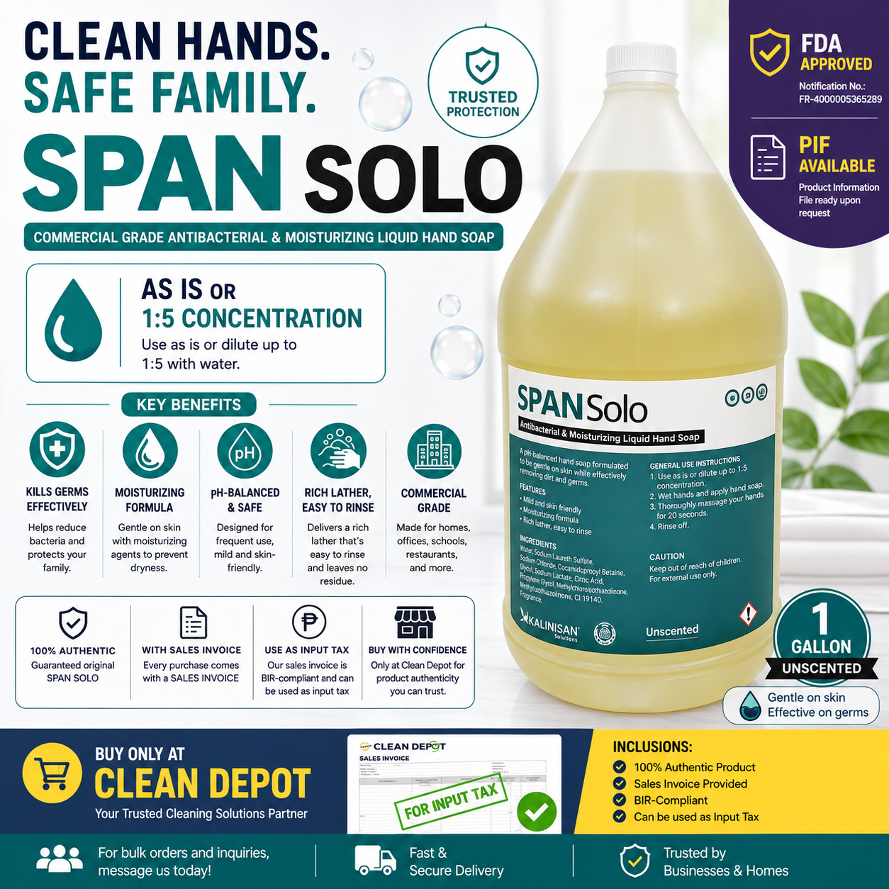 SPAN Solo Antibacterial Hand Soap Gallon | pH-Balanced Moisturizing Commercial Grade