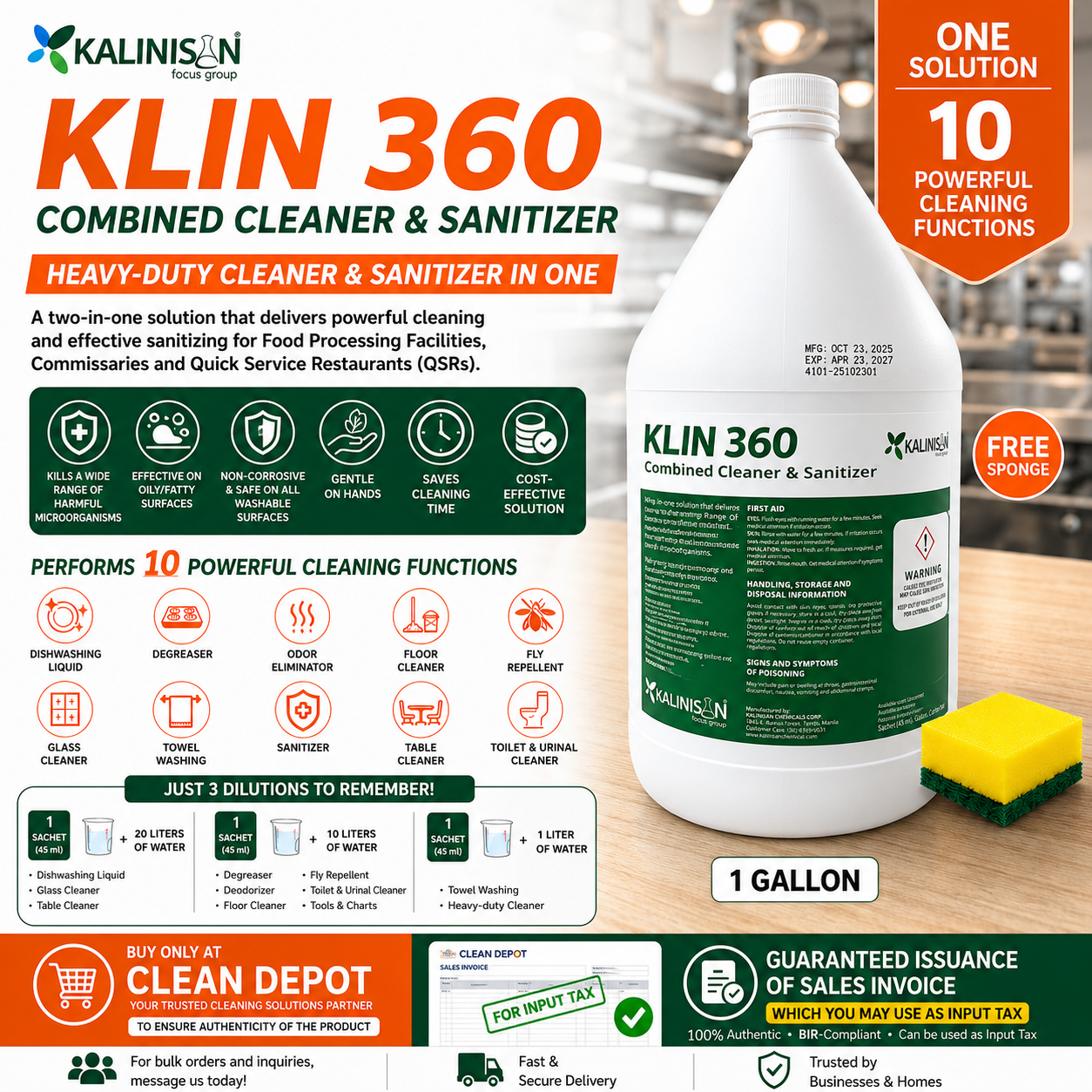 KLIN 365 + KLIN 360 1 Gallon | Multi-Purpose Cleaner & Sanitizer Solution