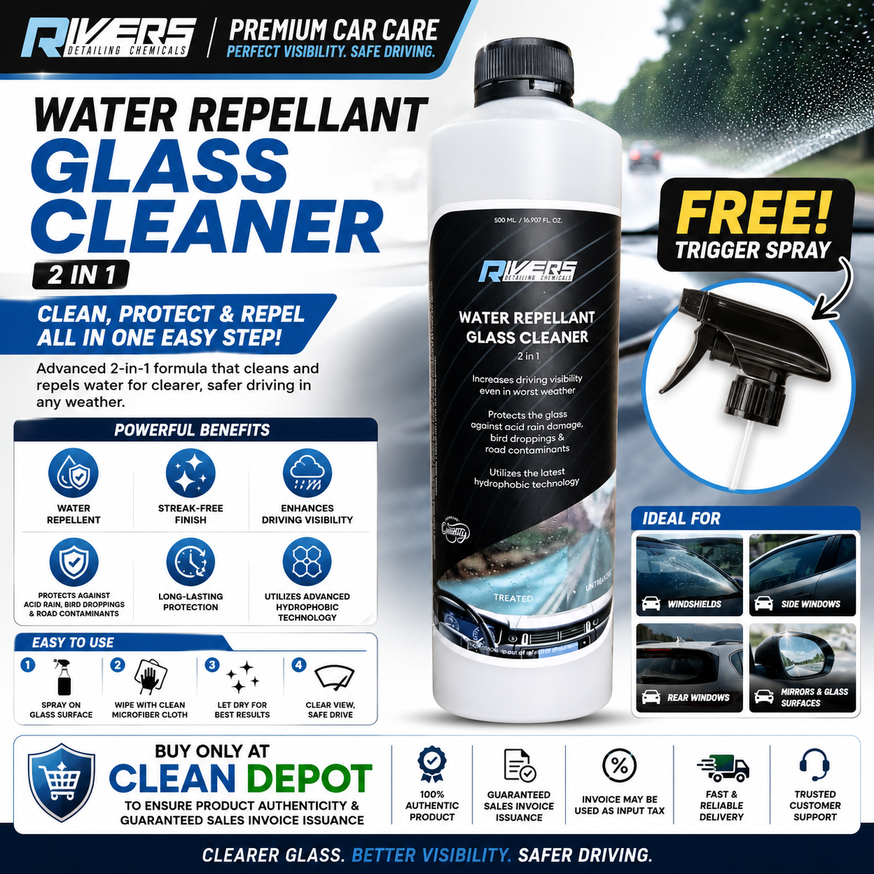 Rivers Water Repellant Glass Cleaner 500ml | Free Trigger Spray | Rain Repellent
