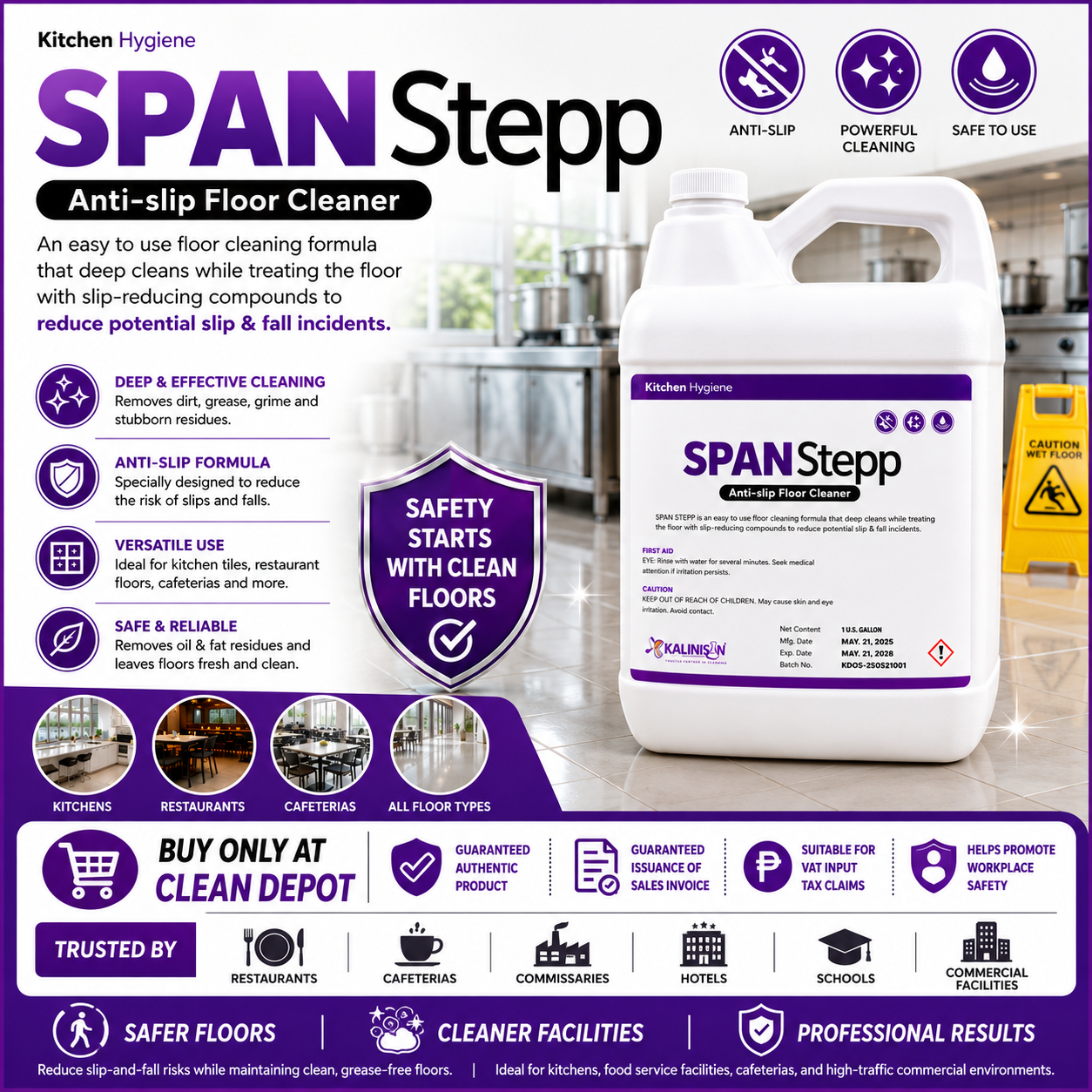 SPAN Stepp Anti-Slip Floor Cleaner 1 Gallon | Degreaser & Slip-Reduction Floor Cleaning Solution