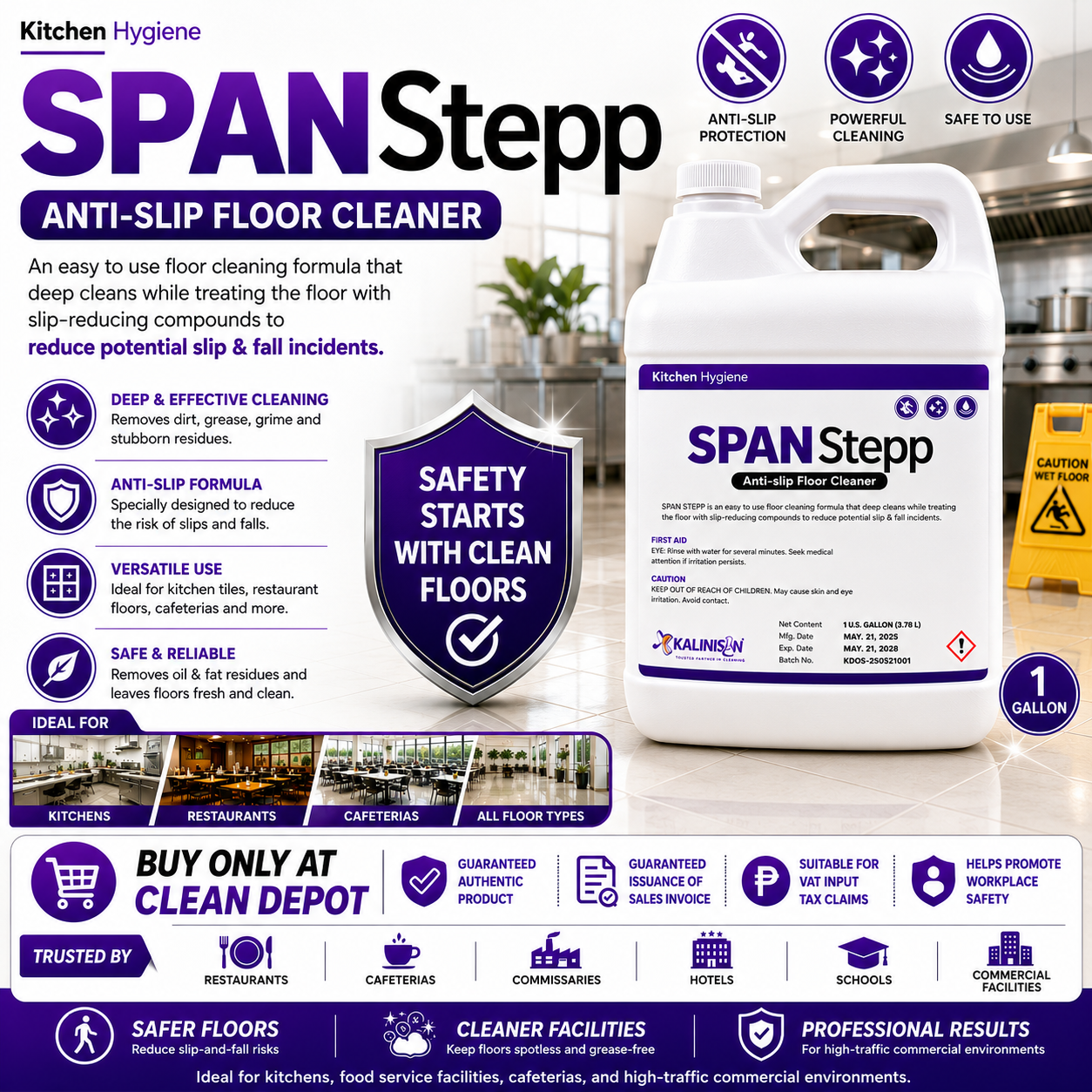 SPAN Stepp Anti-Slip Floor Cleaner 1 Gallon | Degreaser & Slip-Reduction Floor Cleaning Solution