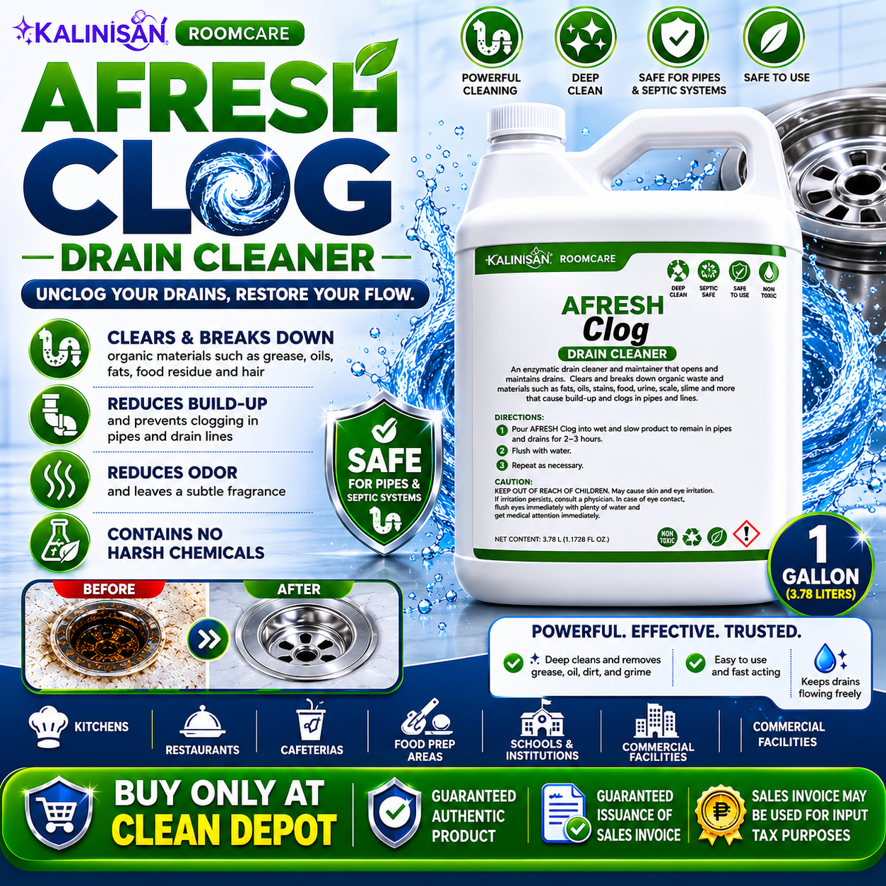 Kalinisan Afresh Clog Drain Cleaner 1 Gallon | Pipe & Drain Clog Remover