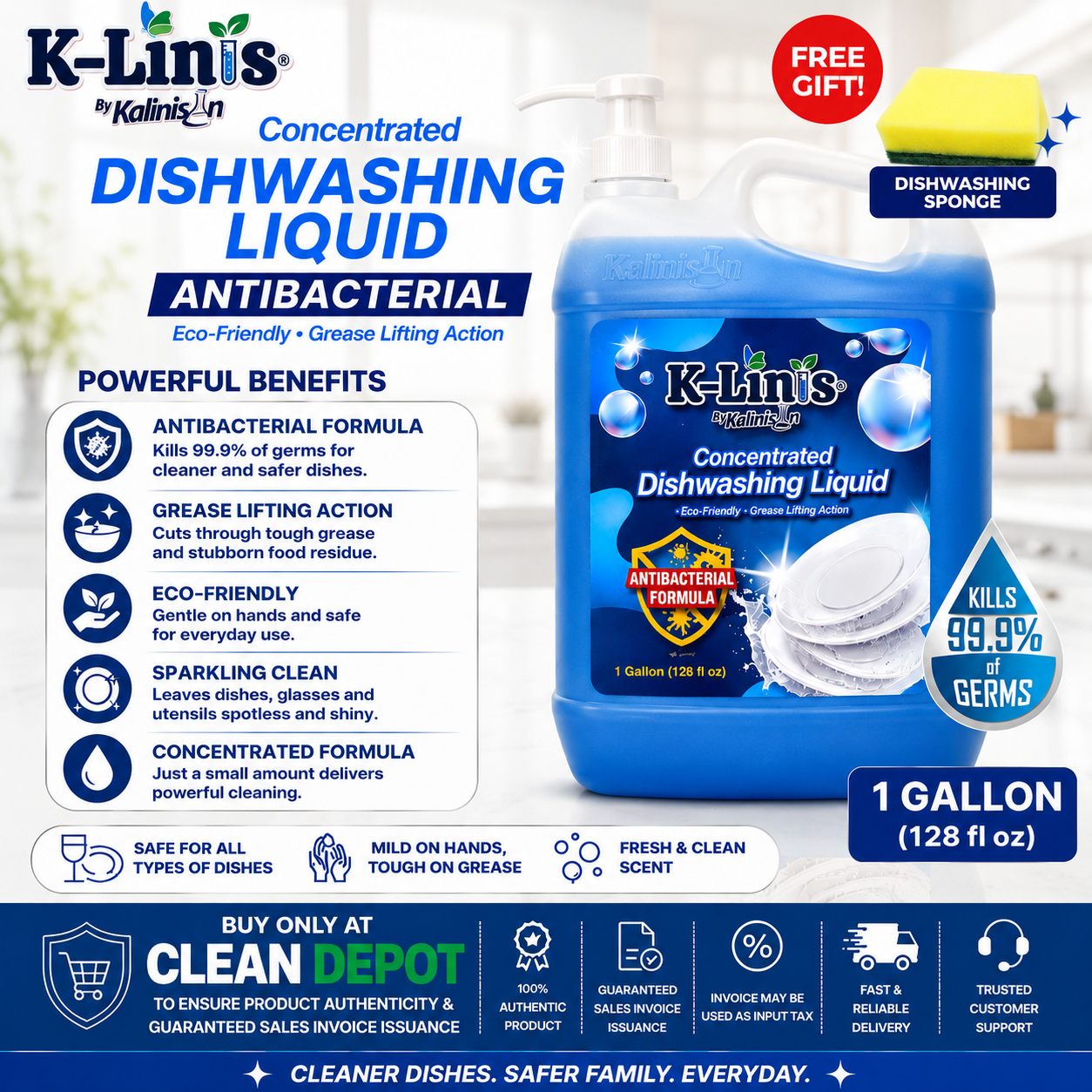 K-Linis Concentrated Dishwashing Liquid Blue 1 Gallon | Antibacterial Grease-Cutting Formula