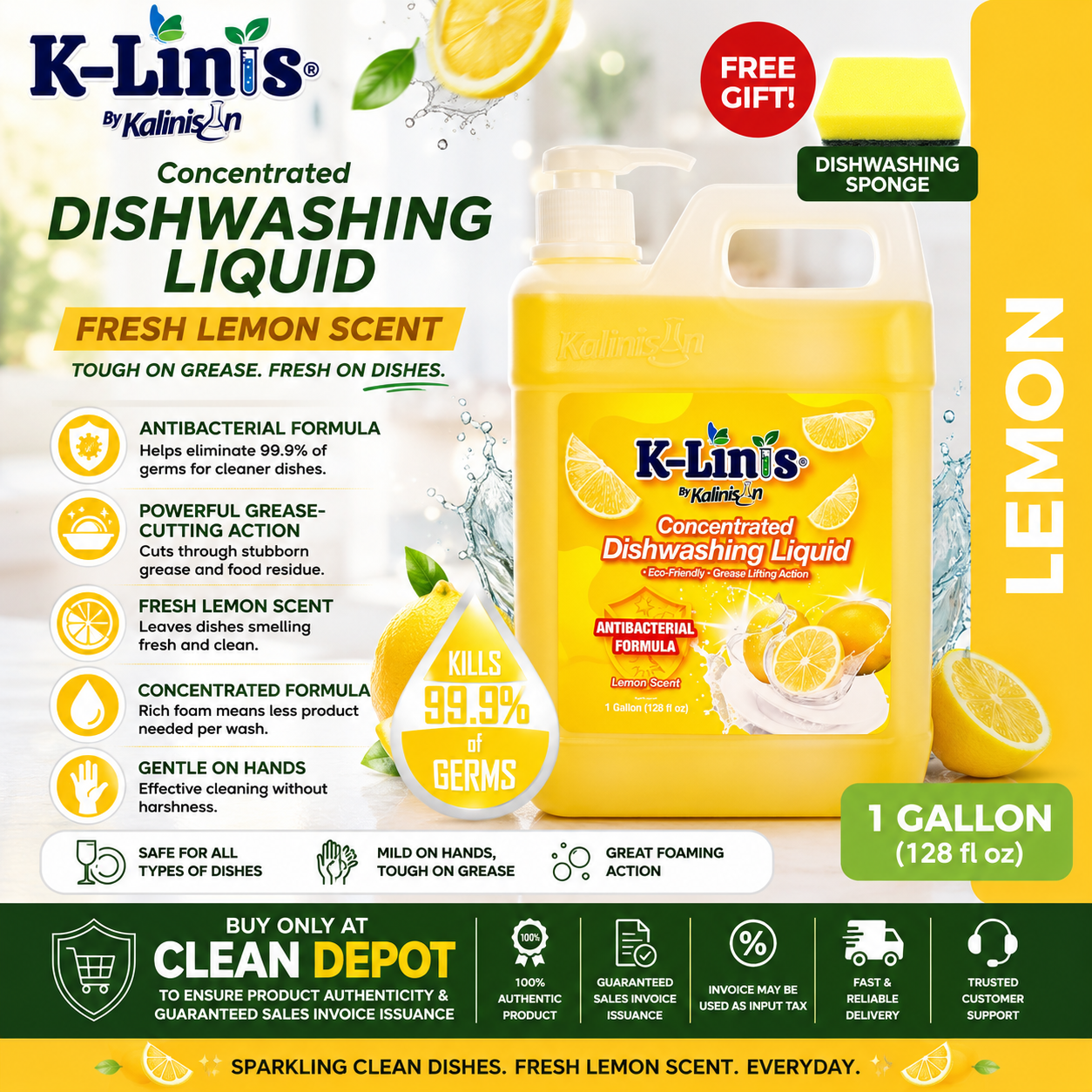 K-Linis Fresh Lemon Dishwashing Liquid | Antibacterial Grease-Cutting Formula | 1L & 1 Gallon