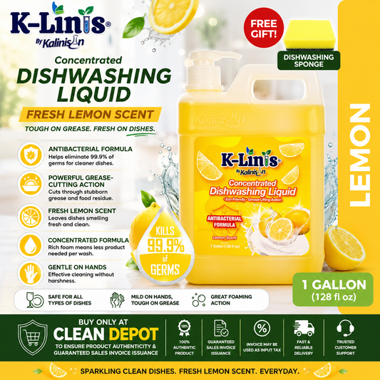K-Linis Fresh Lemon Dishwashing Liquid | Antibacterial Grease-Cutting Formula | 1L & 1 Gallon