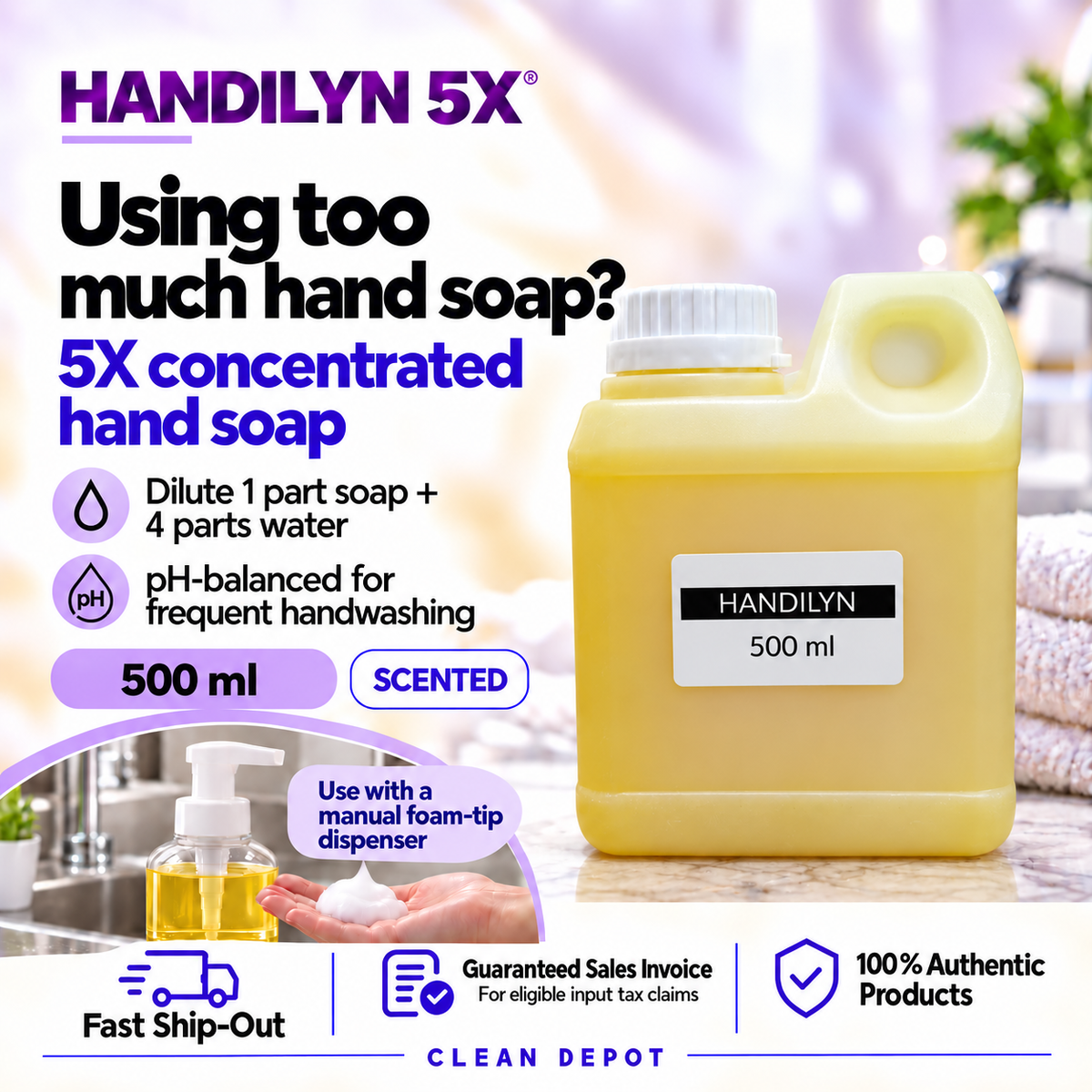HANDILYN 5X Concentrated Foam Hand Soap 1 Gallon | Dilute Up to 5X | pH-Balanced