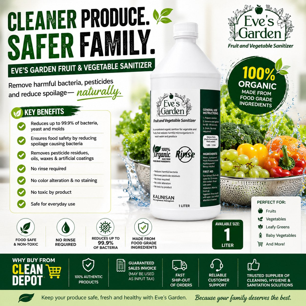 Eve's Garden Fruit & Vegetable Sanitizer 1 Liter | Organic No-Rinse Produce Wash