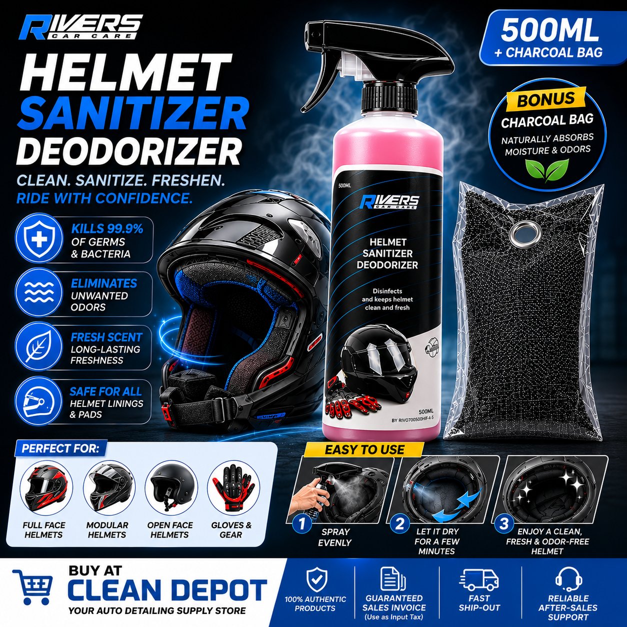 Rivers Helmet Sanitizer & Deodorizer 500mL + Free Charcoal Bag | Helmet Cleaner
