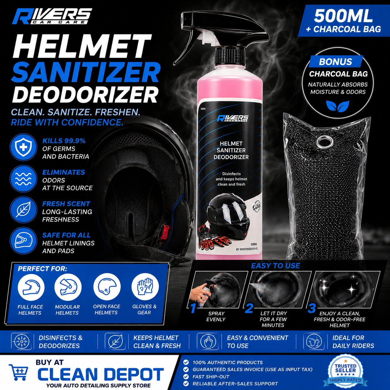 Rivers Helmet Sanitizer & Deodorizer 500mL + Free Charcoal Bag | Helmet Cleaner