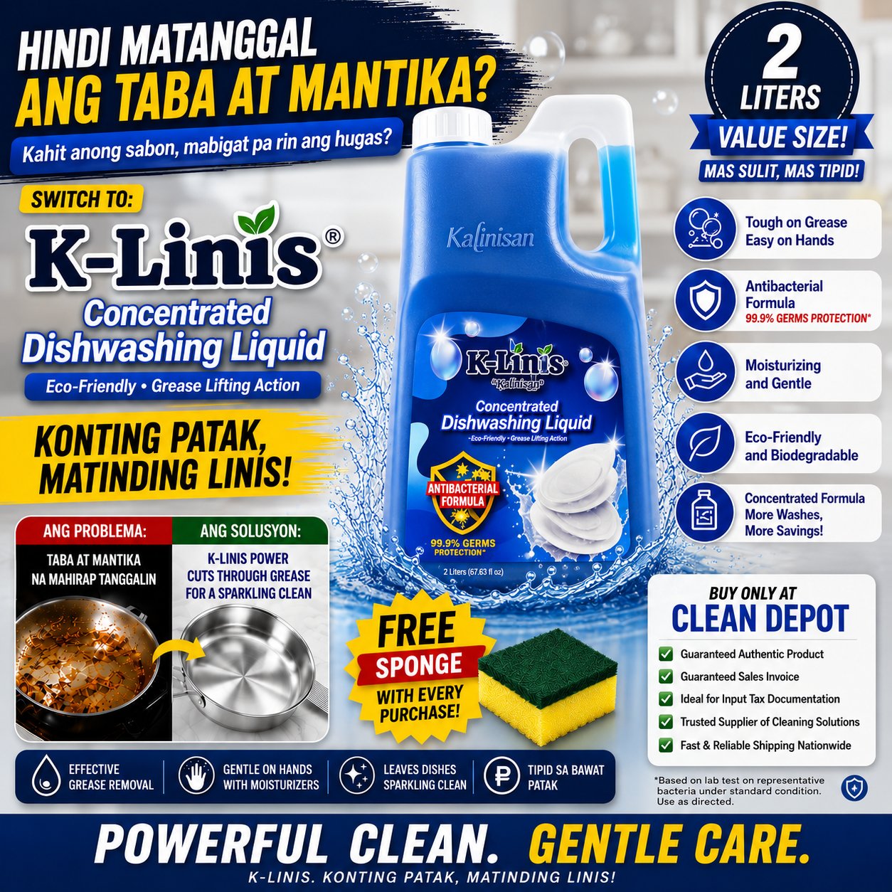 K-Linis Concentrated Dishwashing Liquid 2L | Antibacterial & Kalamansi Scent | Grease Remover