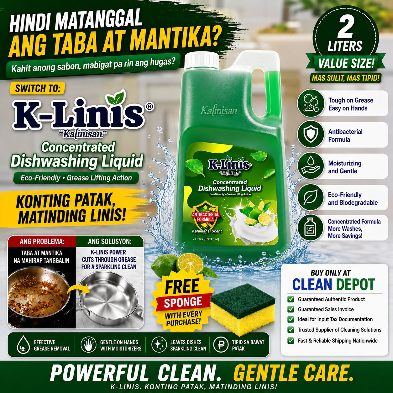 K-Linis Concentrated Dishwashing Liquid 2L | Antibacterial & Kalamansi Scent | Grease Remover