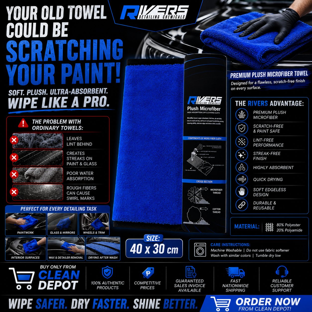 Rivers Microfiber Towels Pack of 3, Wash Pad & Plush Towel | Car Detailing Cloth