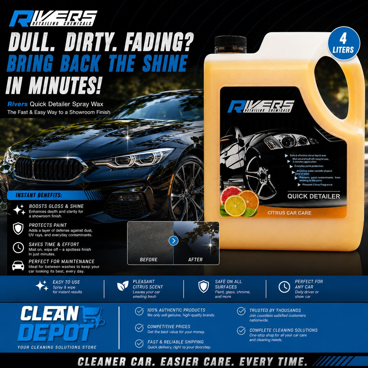 Rivers Quick Detailer Spray Wax 500ml & 4L | Instant Gloss, Shine & Paint Protection