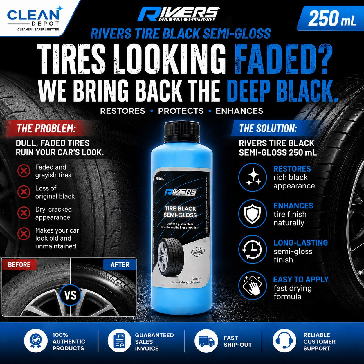 Rivers Tire Black Semi-Gloss 250mL | Tire Dressing, Brightener & Restorer