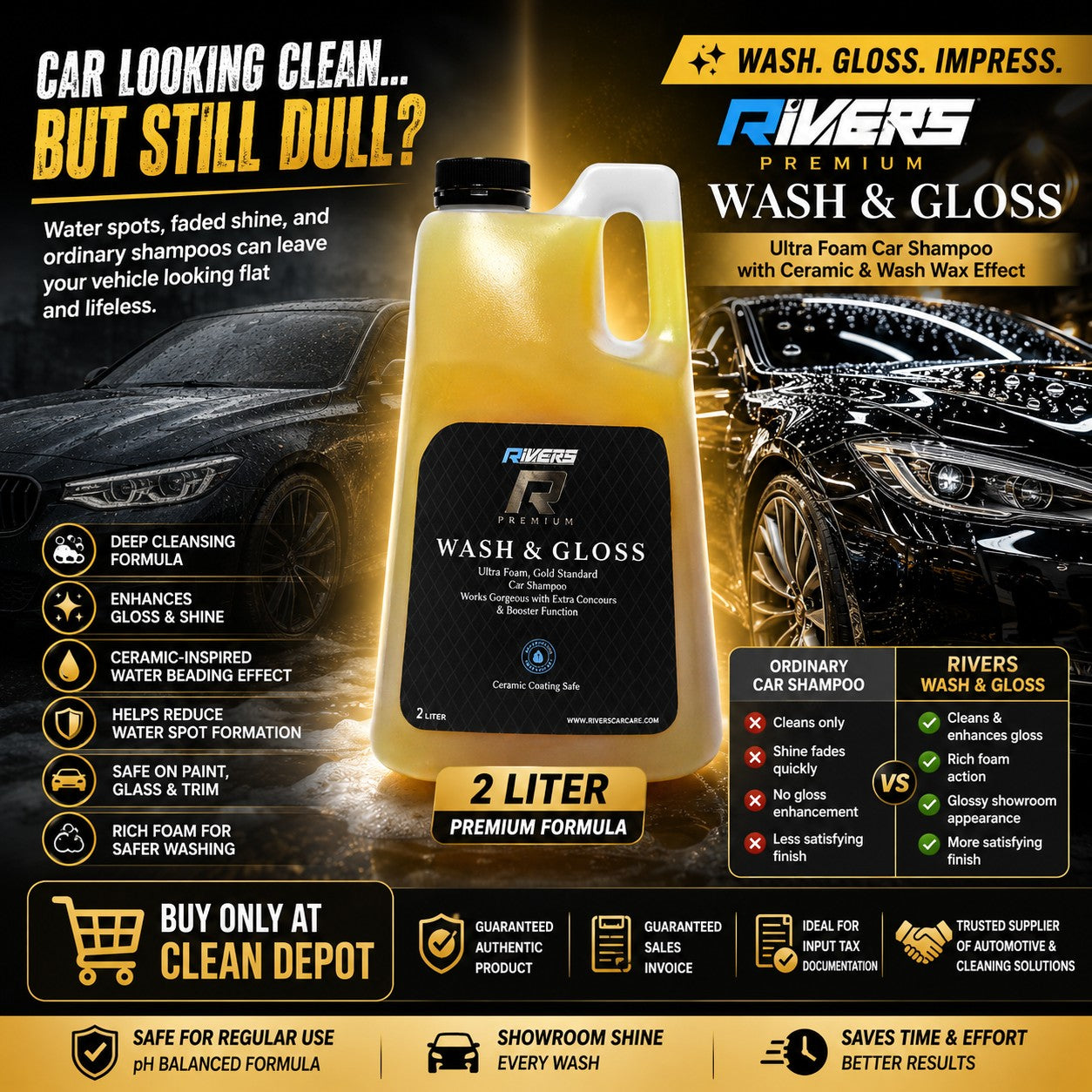 Rivers Premium Wash & Gloss Car Shampoo 2L | Ultra Foam Wash & Wax with Ceramic Gloss Effect